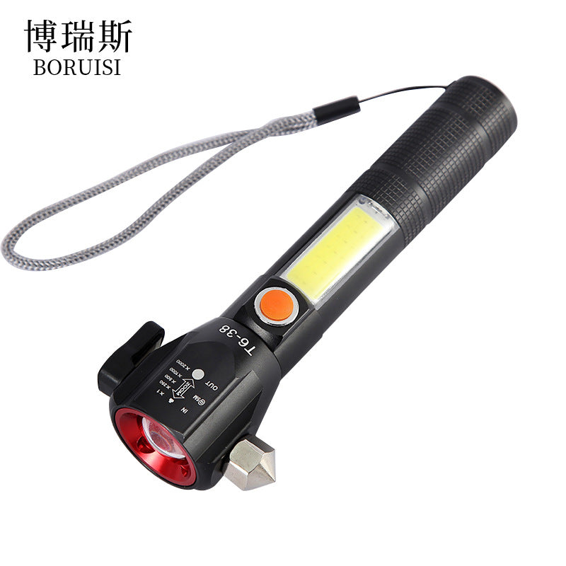 Cross-border T6 wilderness survival fire rescue car safety hammer flashlight LED outdoor charging strong light window breaker