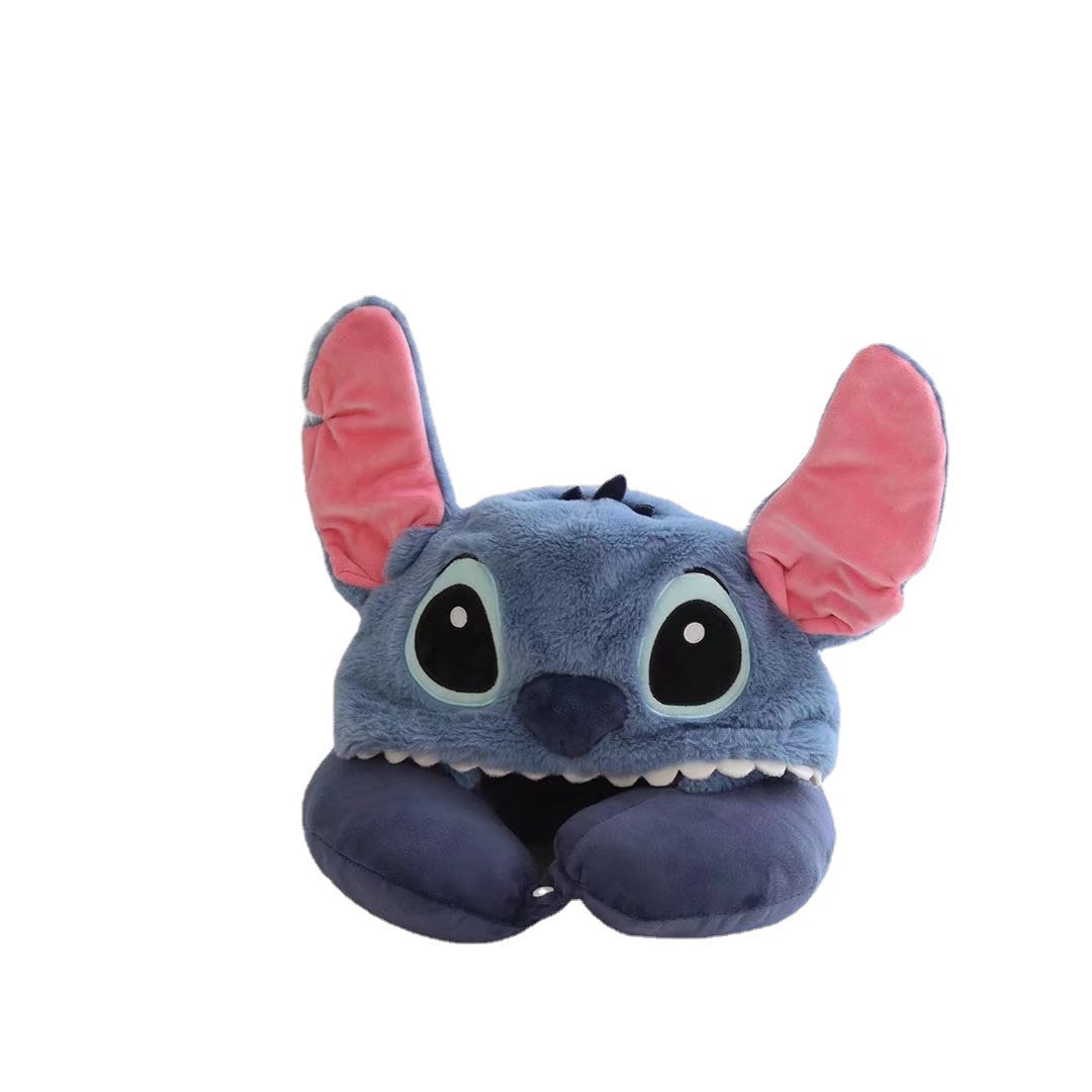 Cartoon Stitch hooded U-shaped pillow, neck protector, pillow, plush toy, office nap pillow, station plane, U pillow with cap