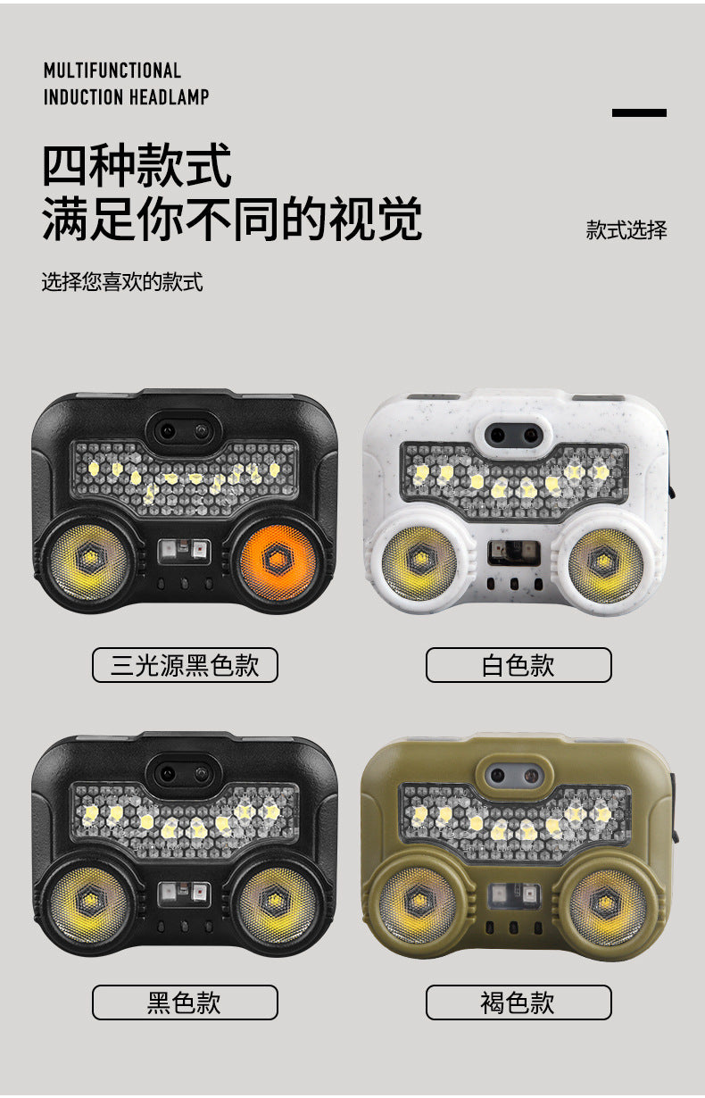 Headlamp: Bright charging, over-the-top flashlight, ultra-long battery life, outdoor night fishing, waving hand, sensing headlamp