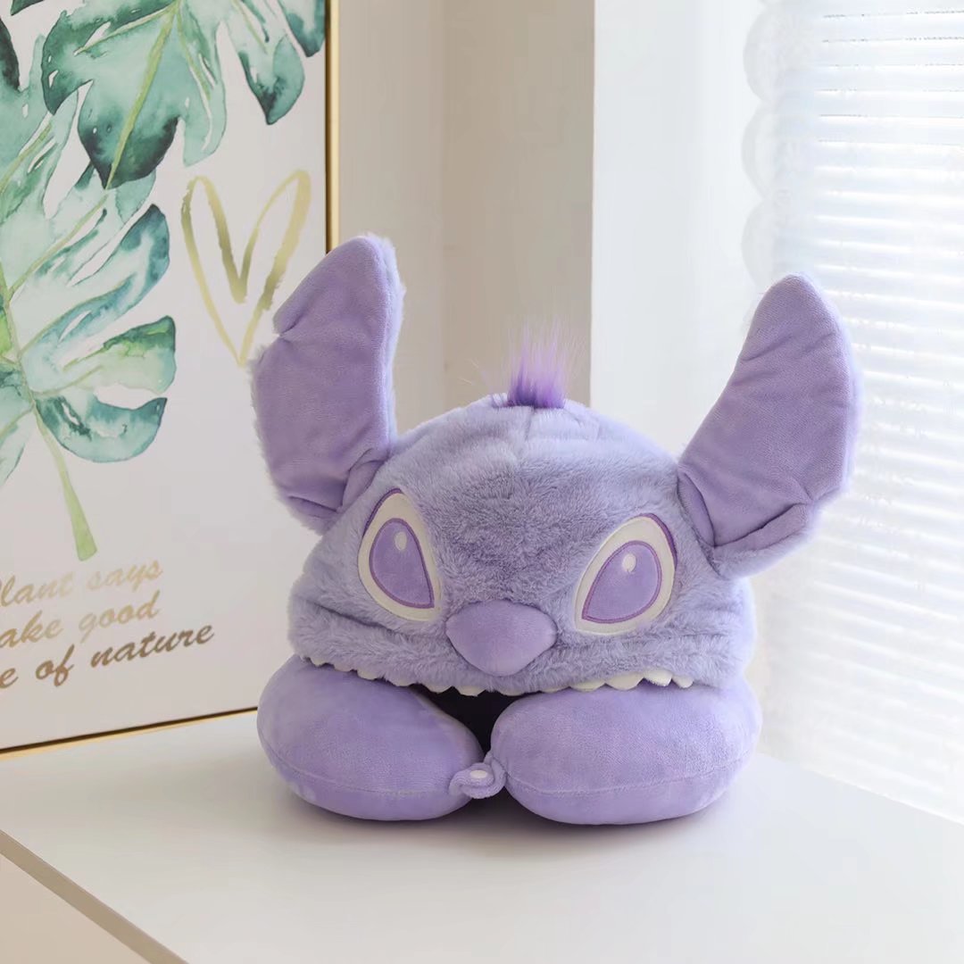 Cartoon Stitch hooded U-shaped pillow, neck protector, pillow, plush toy, office nap pillow, station plane, U pillow with cap