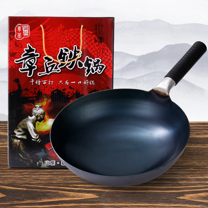 Zhangqiu handmade iron pot gift pots and pans old-fashioned traditional household hand-forged wrought iron wok uncoated non-stick pan
