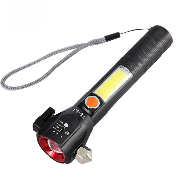 Cross-border T6 wilderness survival fire rescue car safety hammer flashlight LED outdoor charging strong light window breaker