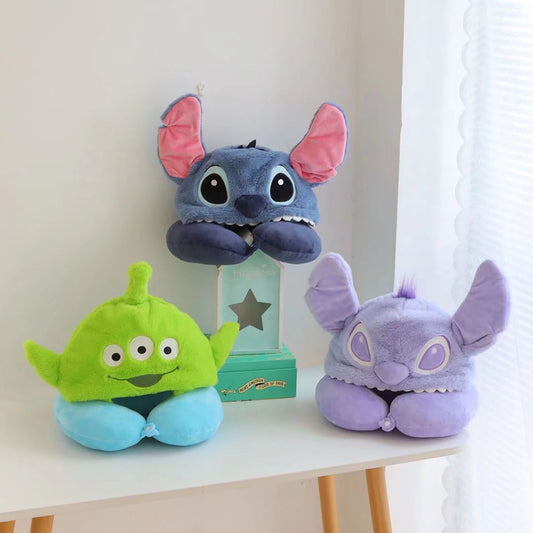 Cartoon Stitch hooded U-shaped pillow, neck protector, pillow, plush toy, office nap pillow, station plane, U pillow with cap