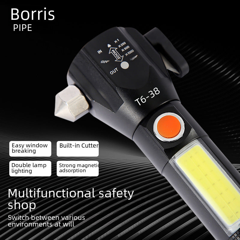 Cross-border T6 wilderness survival fire rescue car safety hammer flashlight LED outdoor charging strong light window breaker