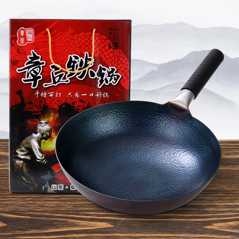 Zhangqiu handmade iron pot gift pots and pans old-fashioned traditional household hand-forged wrought iron wok uncoated non-stick pan