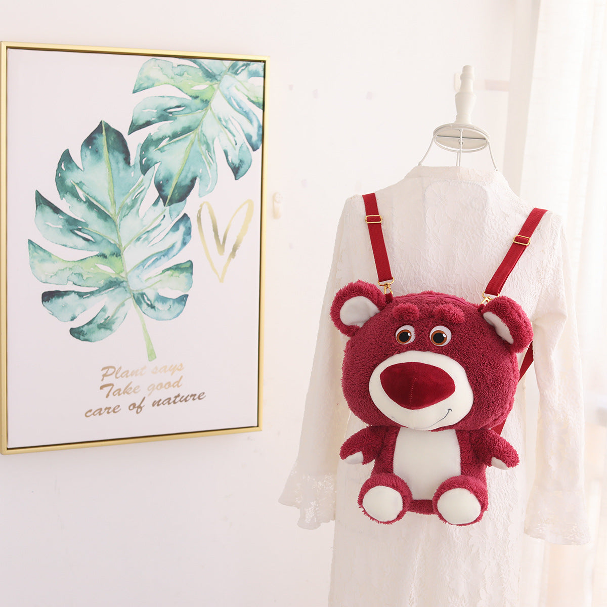 Cartoon soft cute strawberry bear doll backpack light for going out to play small shoulder bag girl's heart children's plush backpack