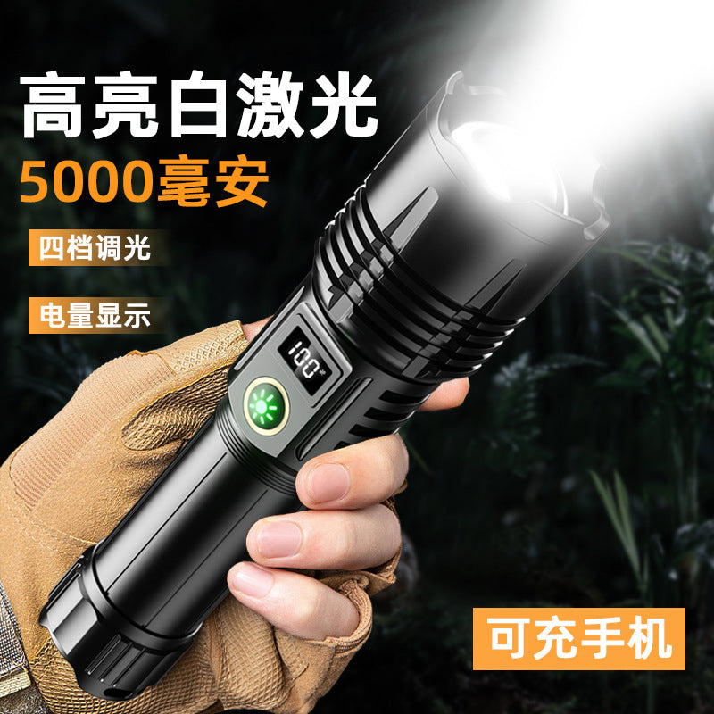 Outdoor adventure strong light flashlight Portable intelligent electric display zoom white laser tele light aluminum alloy waterproof lamp
