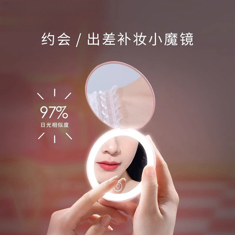 Cross-border led makeup mirror portable makeup round palm double-sided fill light mirror folding mirror 2x magnification mini handheld