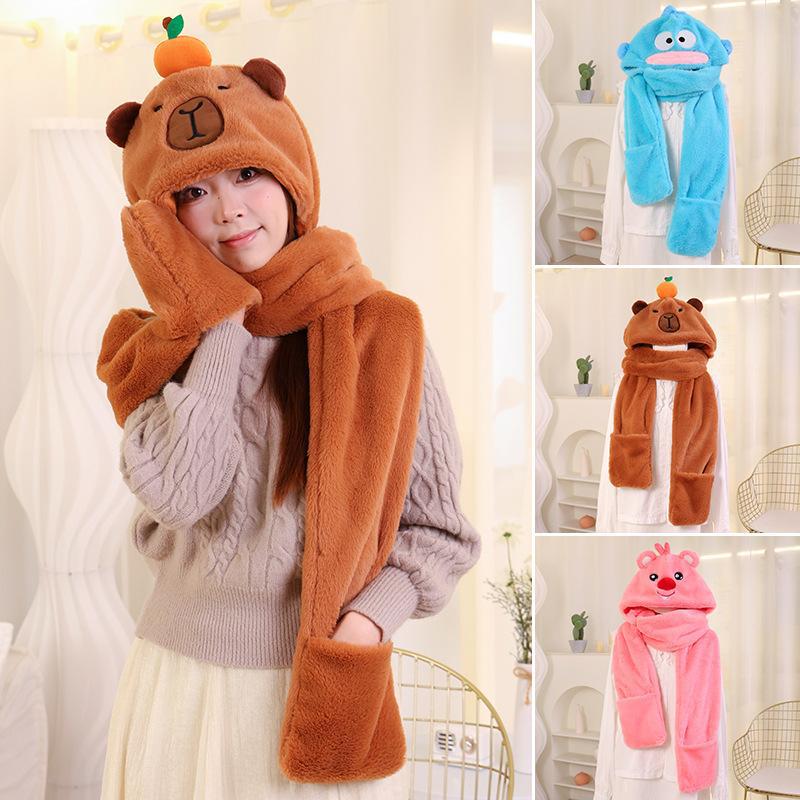Capibala hat scarf winter gloves female rabbit ears winter scarf hooded three-piece set cute for kids