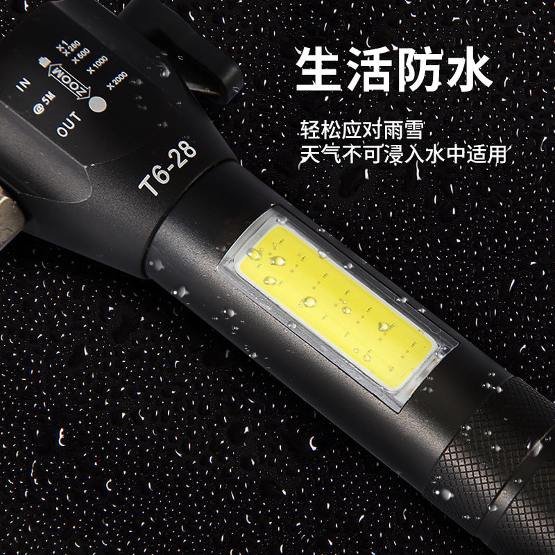 Cross-border T6 wilderness survival fire rescue car safety hammer flashlight LED outdoor charging strong light window breaker