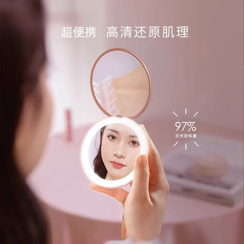 Cross-border led makeup mirror portable makeup round palm double-sided fill light mirror folding mirror 2x magnification mini handheld