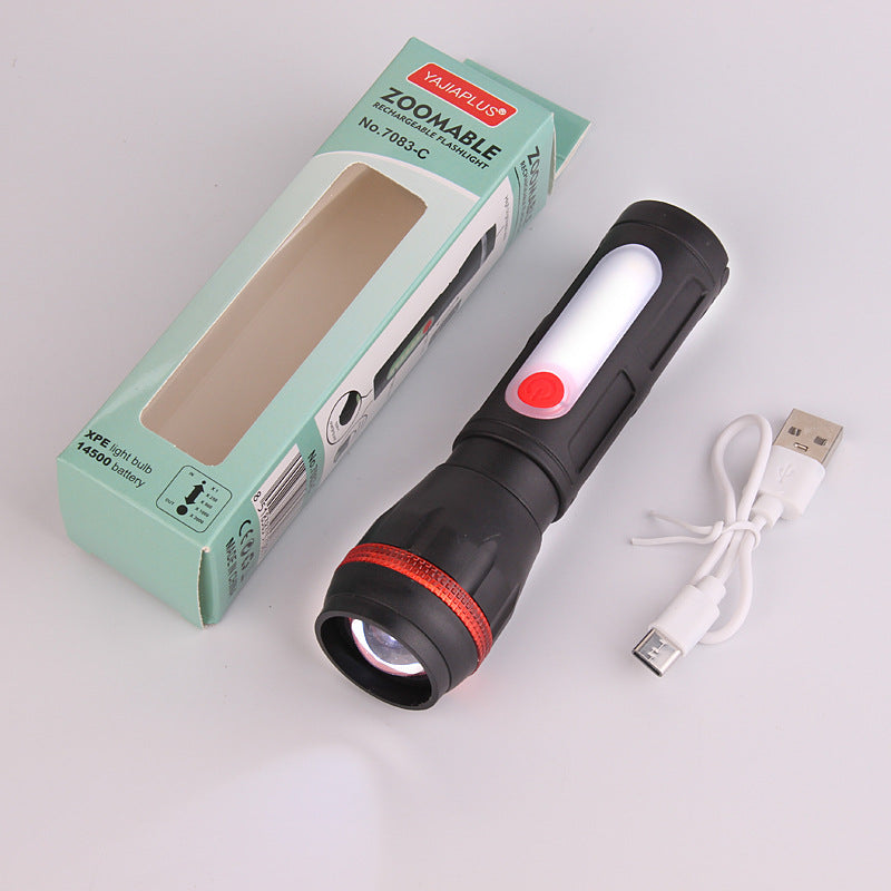 Outdoor Flashlight Multi-function Variable Focus Plastic Emergency Flashlight USB Charging Camping Stalls Lighting