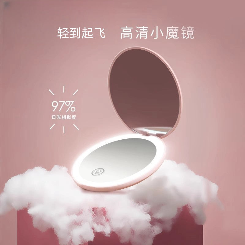 Cross-border led makeup mirror portable makeup round palm double-sided fill light mirror folding mirror 2x magnification mini handheld