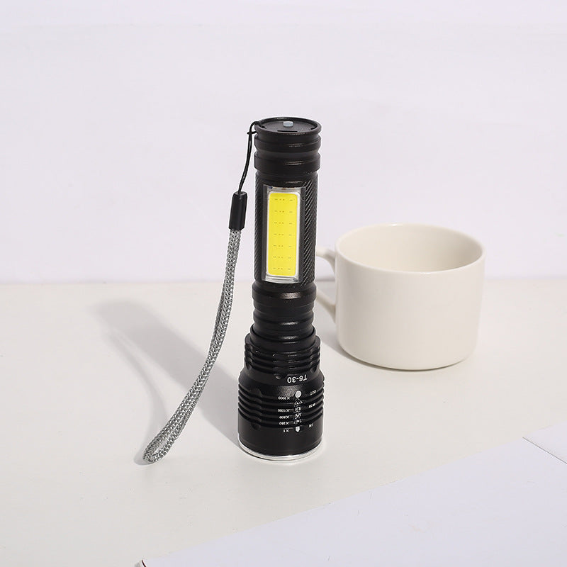 Cross-border exclusive for strong light aluminum alloy rechargeable flashlight outdoor T6 + COB lithium battery mini zoom flashlight