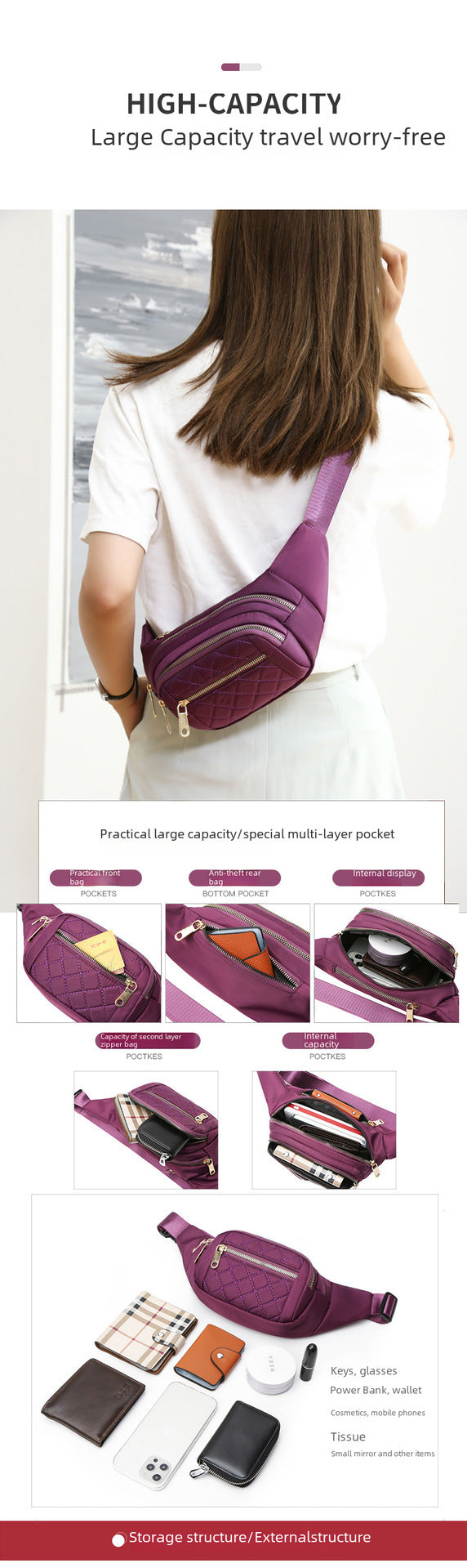 Waist bagKorean version men's multi-functional large-capacity mobile phone bag, embroidered thread waist bag, high-quality chest bag, cross-body women's versatile