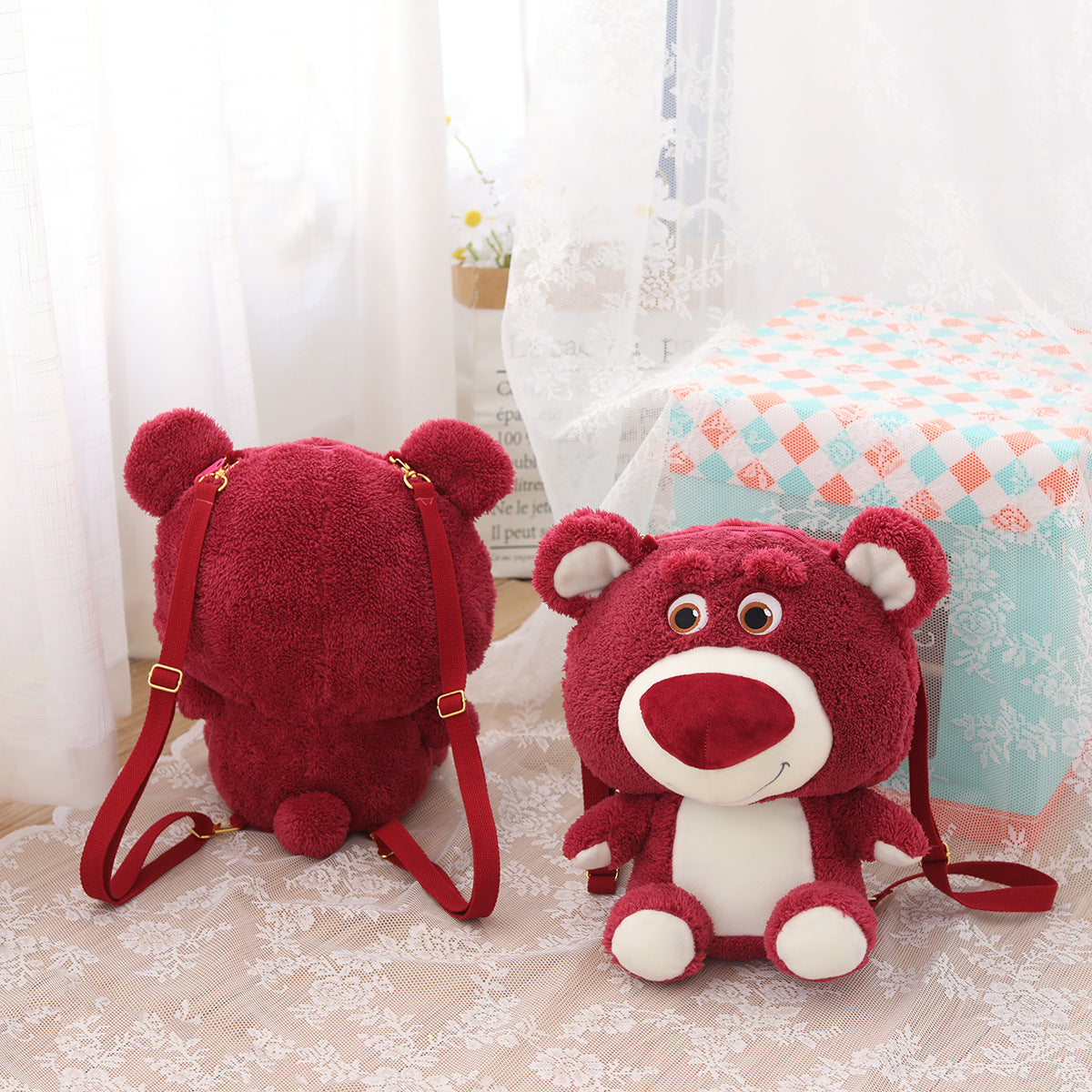 Cartoon soft cute strawberry bear doll backpack light for going out to play small shoulder bag girl's heart children's plush backpack