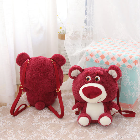 Cartoon soft cute strawberry bear doll backpack light for going out to play small shoulder bag girl's heart children's plush backpack