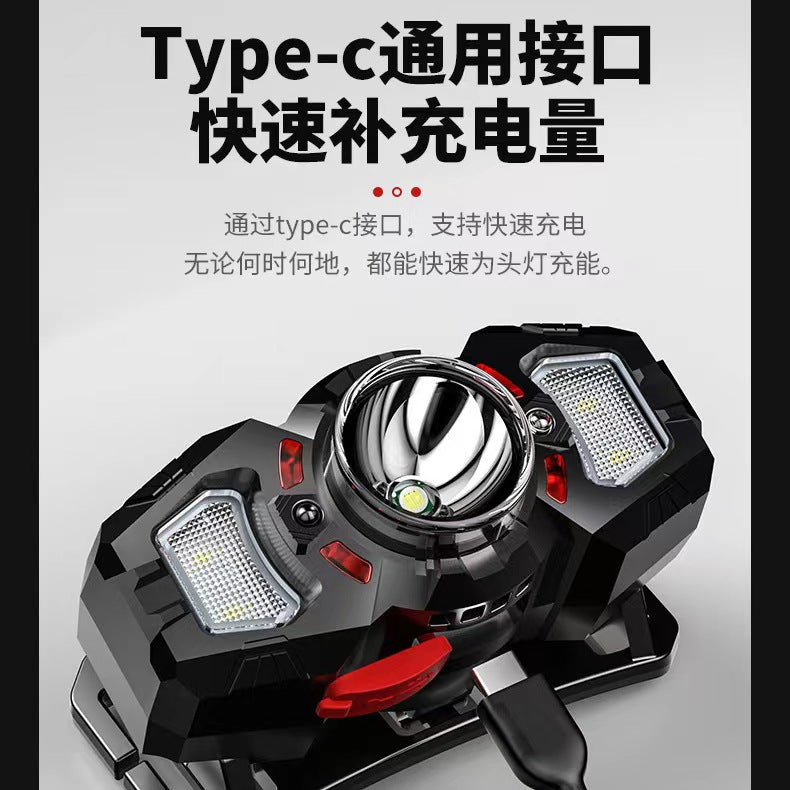 Headlamp: Bright charging, over-the-top flashlight, ultra-long battery life, outdoor night fishing, waving hand, sensing headlamp