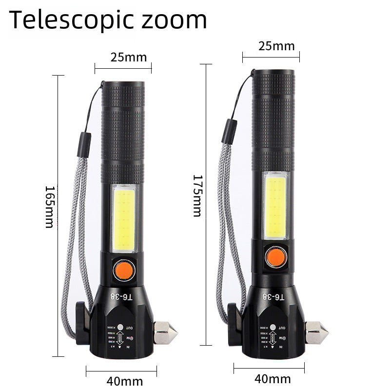 Cross-border T6 wilderness survival fire rescue car safety hammer flashlight LED outdoor charging strong light window breaker