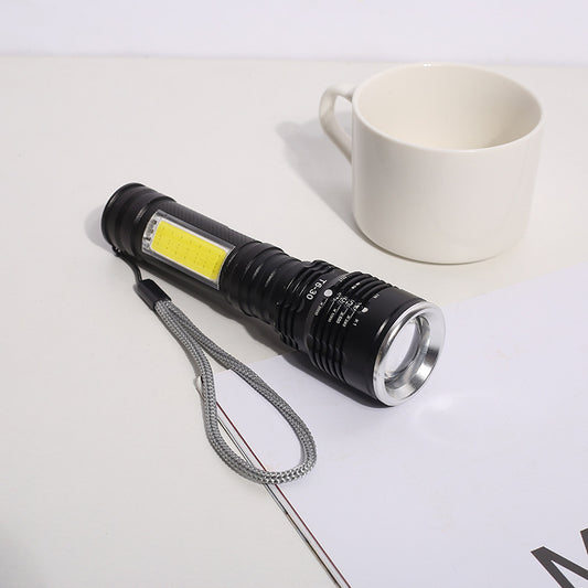 Cross-border exclusive for strong light aluminum alloy rechargeable flashlight outdoor T6 + COB lithium battery mini zoom flashlight