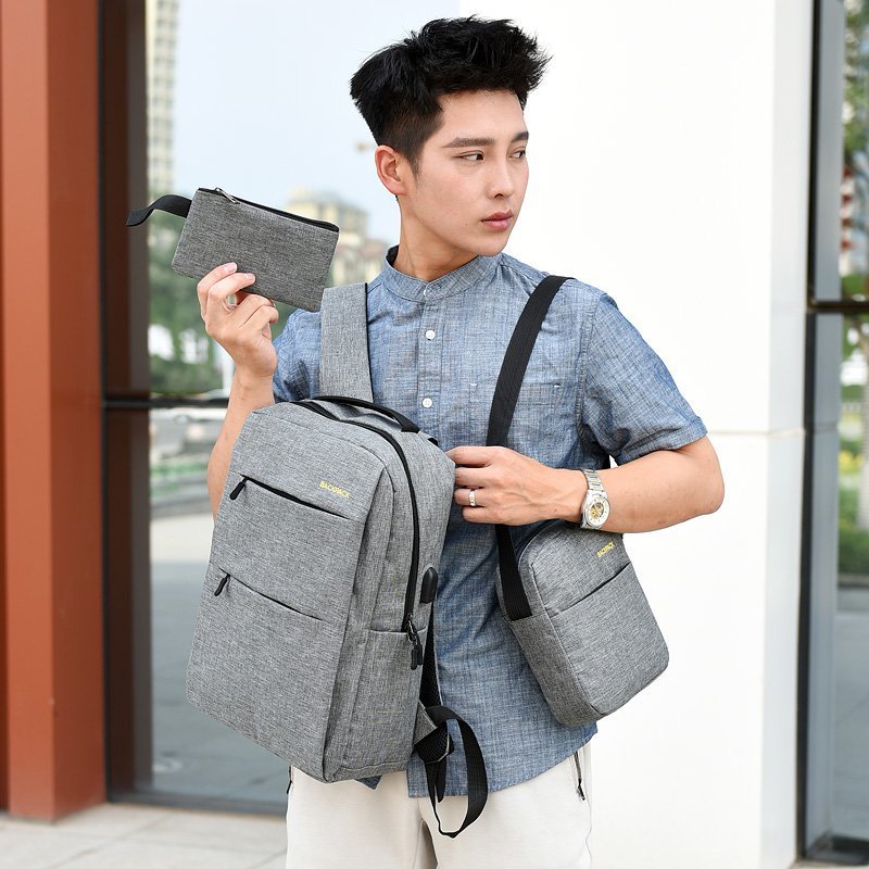 Factory wholesale backpack 2024 men's business casual commuter computer bag three-piece set of middle school students school bag backpack