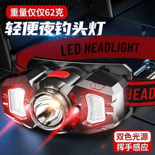 Headlamp: Bright charging, over-the-top flashlight, ultra-long battery life, outdoor night fishing, waving hand, sensing headlamp