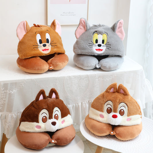 Cute cartoon chipmunk plush hooded u-shaped neck guard pillow nap pillow travel plane with hat u-pillow wholesale