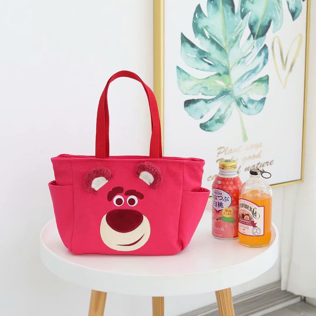Cute cartoon large capacity lunch box bag office worker hand lunch box strawberry bear canvas bag tote bag lunch box bag