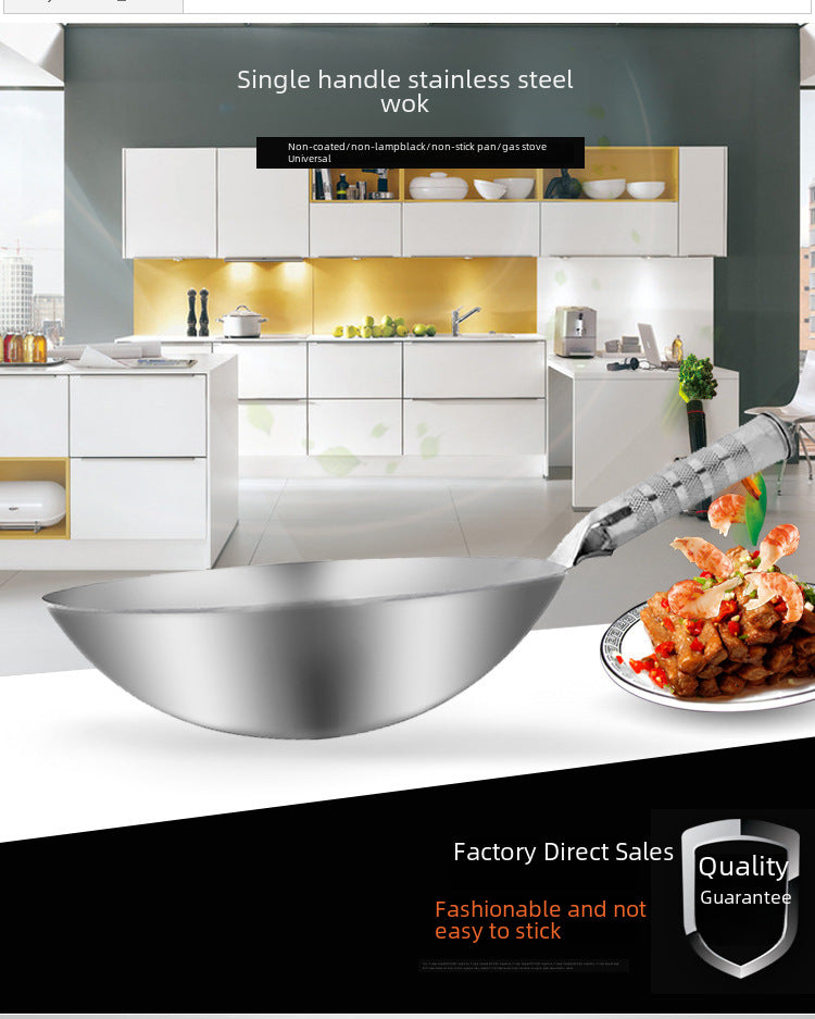 Factory Direct 430 Stainless Steel Wok Food Grade Thickened Non-Sticky Non-Coated Round Bottom Commercial Household Pot