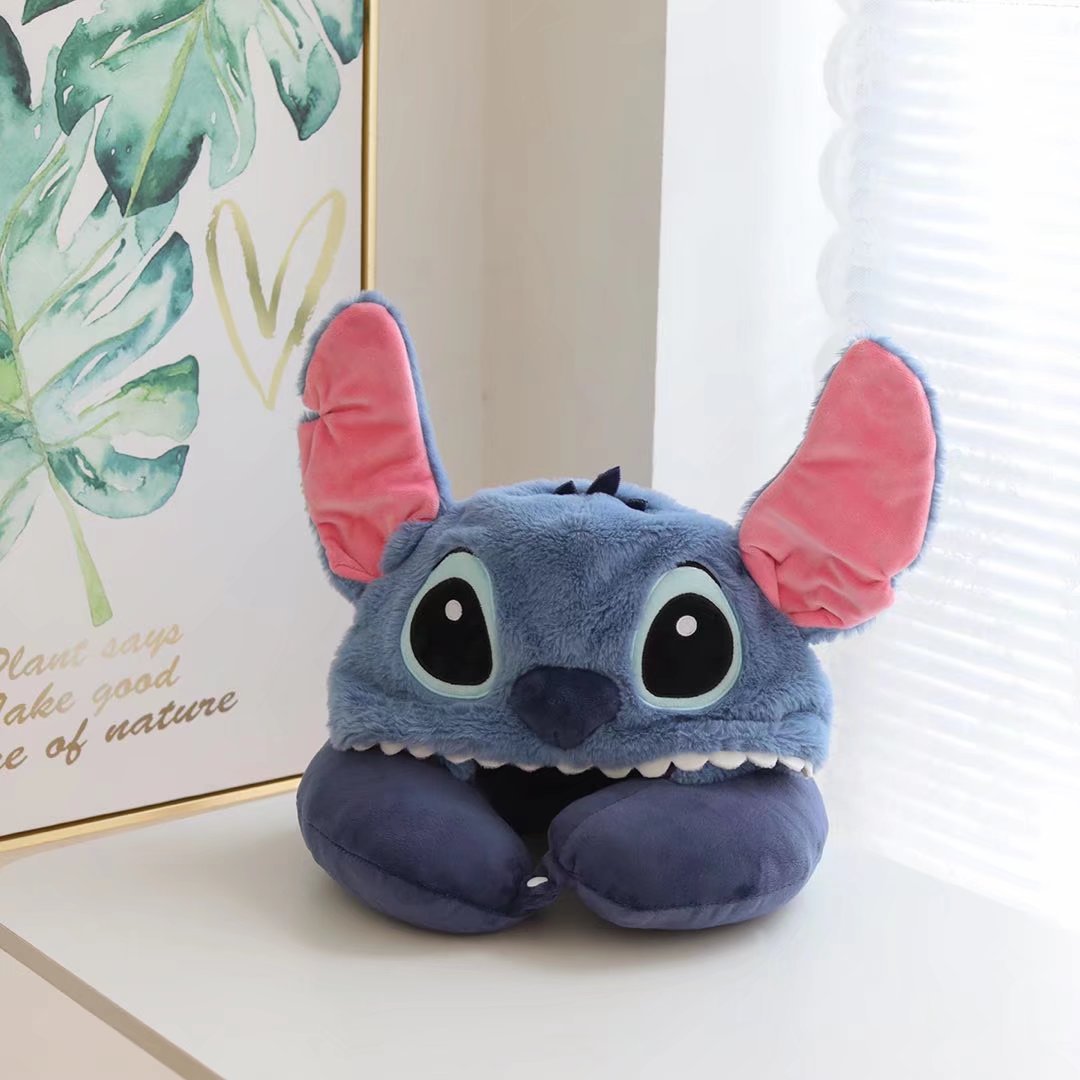 Cartoon Stitch hooded U-shaped pillow, neck protector, pillow, plush toy, office nap pillow, station plane, U pillow with cap