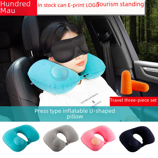 Car neck pillow lumbar support set, neck support pillow for tourist car, lumbar pad, press inflatable flocking U-shaped pillow, car headrest
