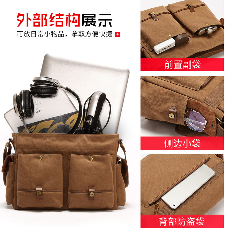Trendy brand casual and versatile shoulder bag, retro trend, large-capacity textured canvas bag, high-end crossbody bag