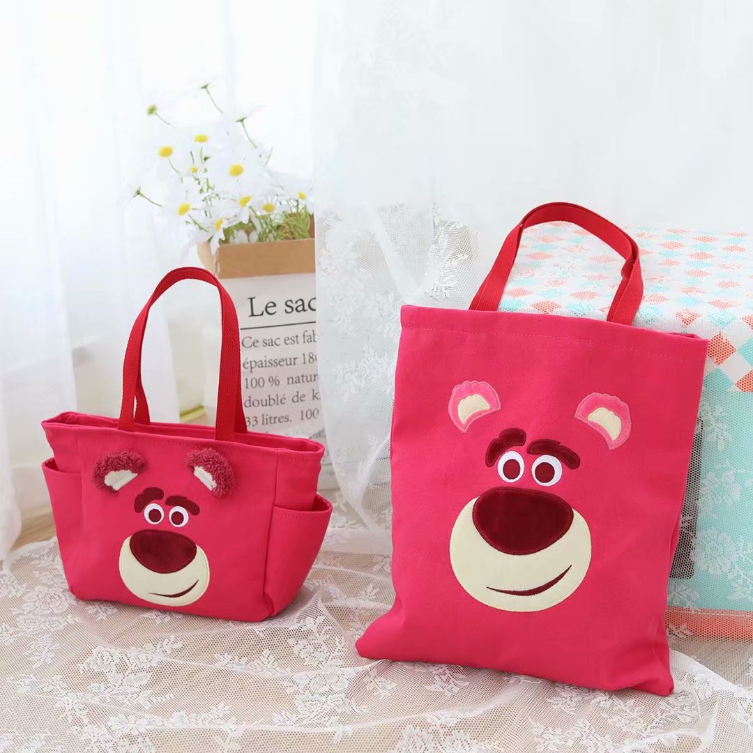 Cute cartoon large capacity lunch box bag office worker hand lunch box strawberry bear canvas bag tote bag lunch box bag