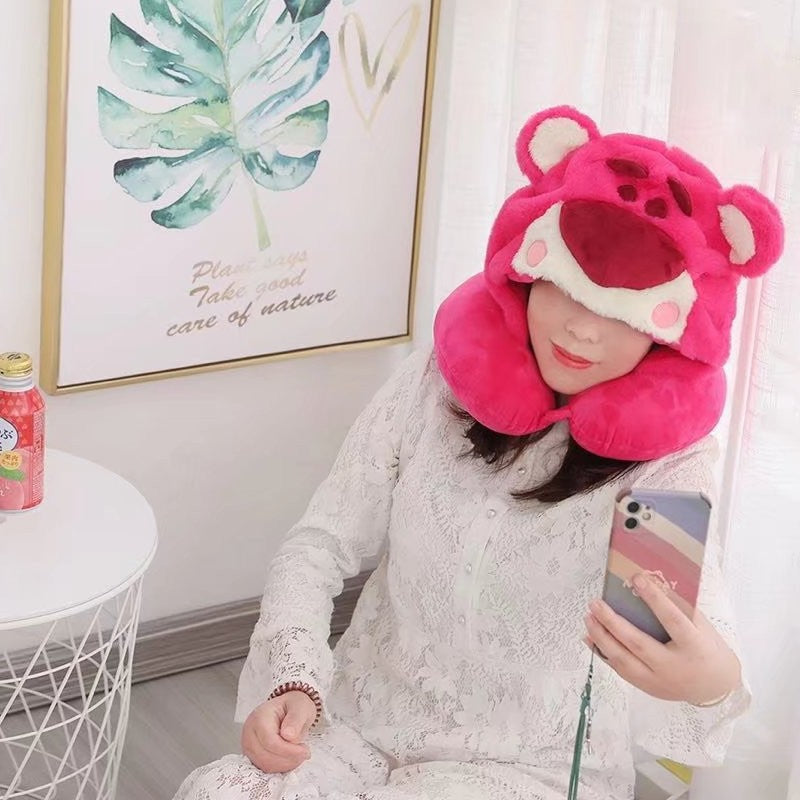 Cute strawberry bear kulomi hooded U-shaped pillow wholesale memory foam classroom nap pillow travel portable neck guard U pillow