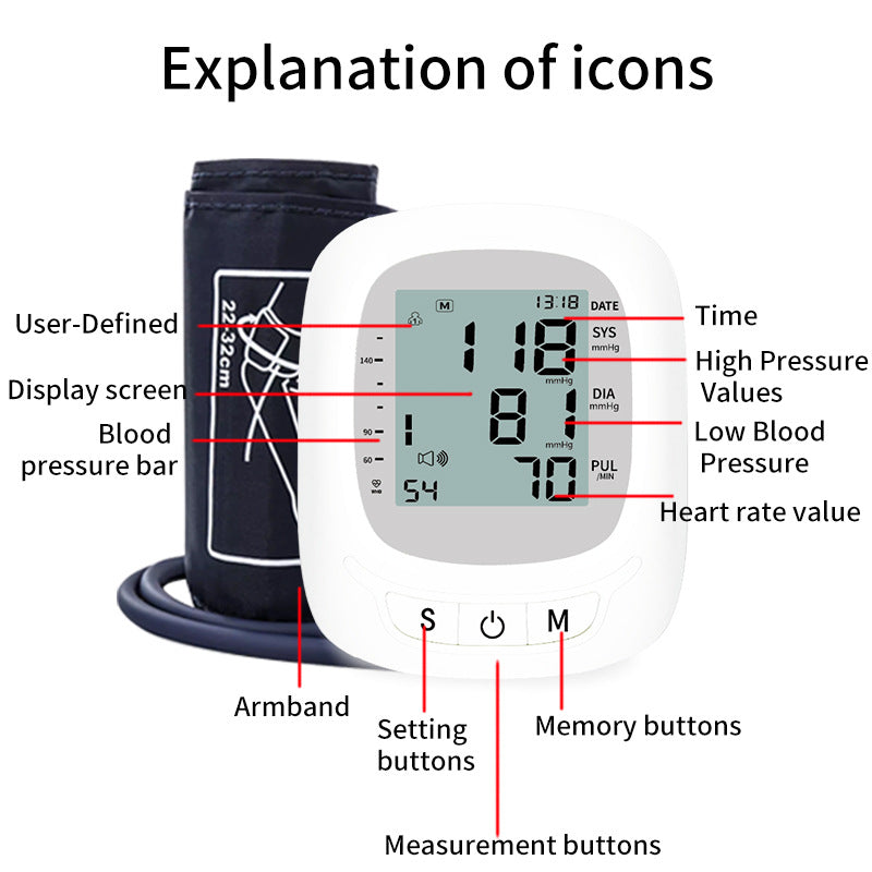 Large-screen foreign trade sphygmomanometer factory direct sales, one-button operation, fully intelligent voice broadcast, upper arm sphygmomanometer