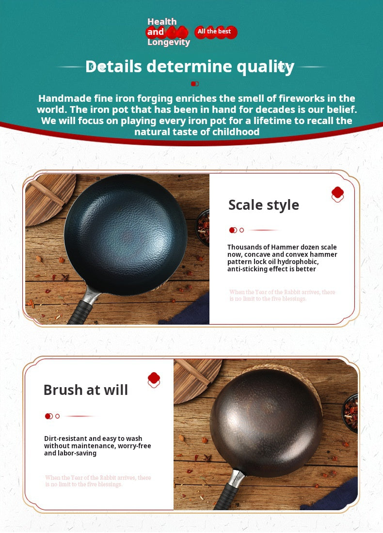 Zhangqiu handmade iron pot gift pots and pans old-fashioned traditional household hand-forged wrought iron wok uncoated non-stick pan